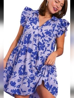 Umgee Blue Floral Tiered Collared Dress